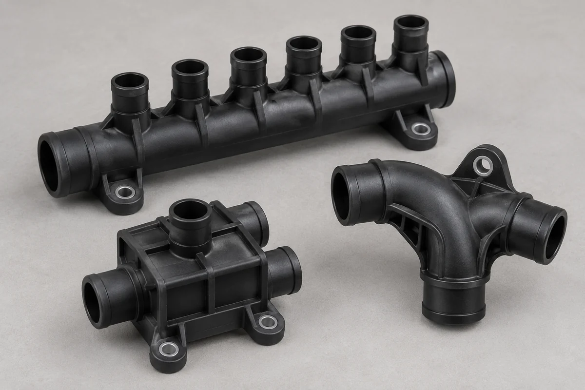 Product design examples of molded plastic distribution manifolds and a curved fluid junction