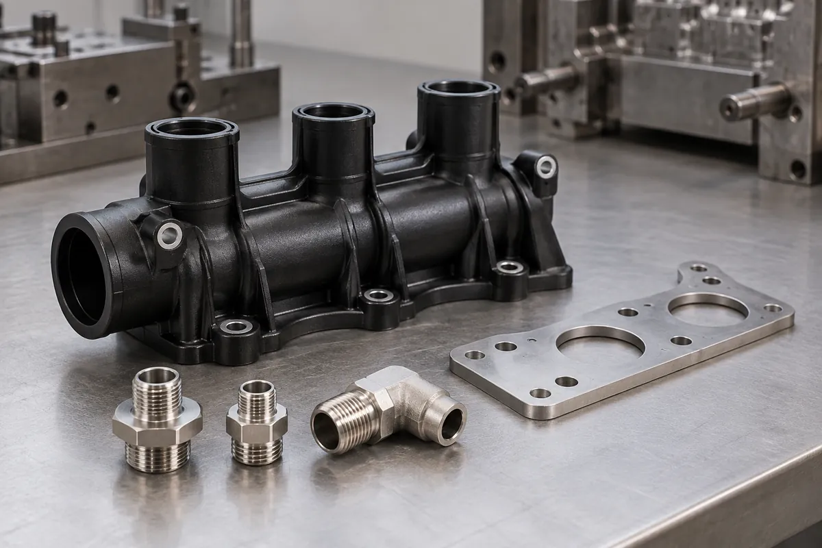 Molded manifold with separate connection fittings and a port-location fixture plate