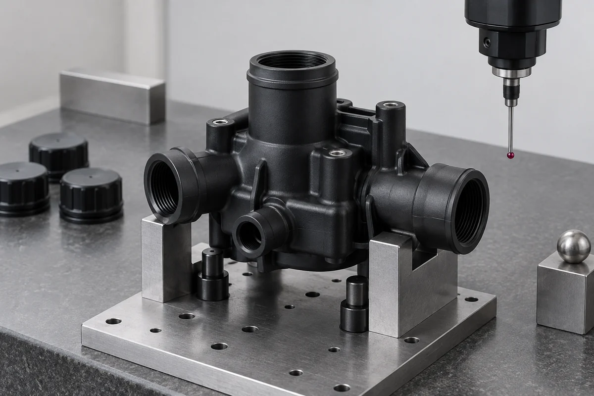 Molded manifold held in a locating fixture beneath a coordinate measurement probe