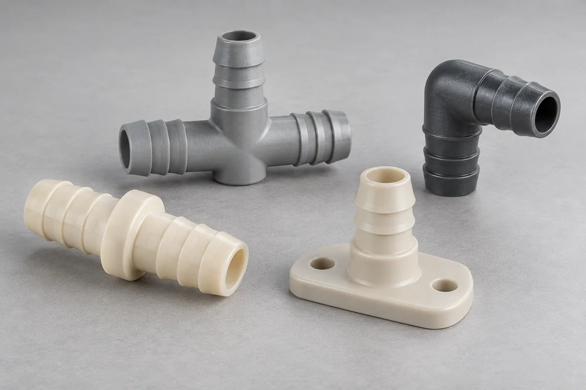 Product design examples of straight, elbow, tee and flanged molded plastic hose-barb fittings