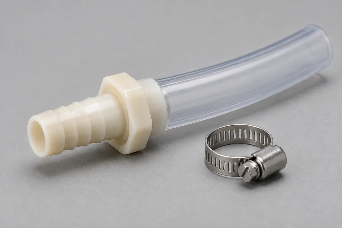 Molded plastic fitting seated in a translucent tube with a separate optional clamp nearby