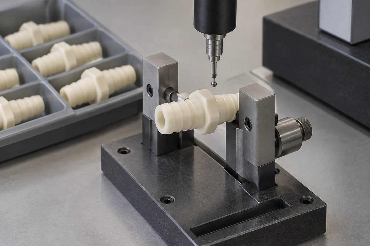 Molded hose barb held beneath a measurement probe beside a compartment sample tray