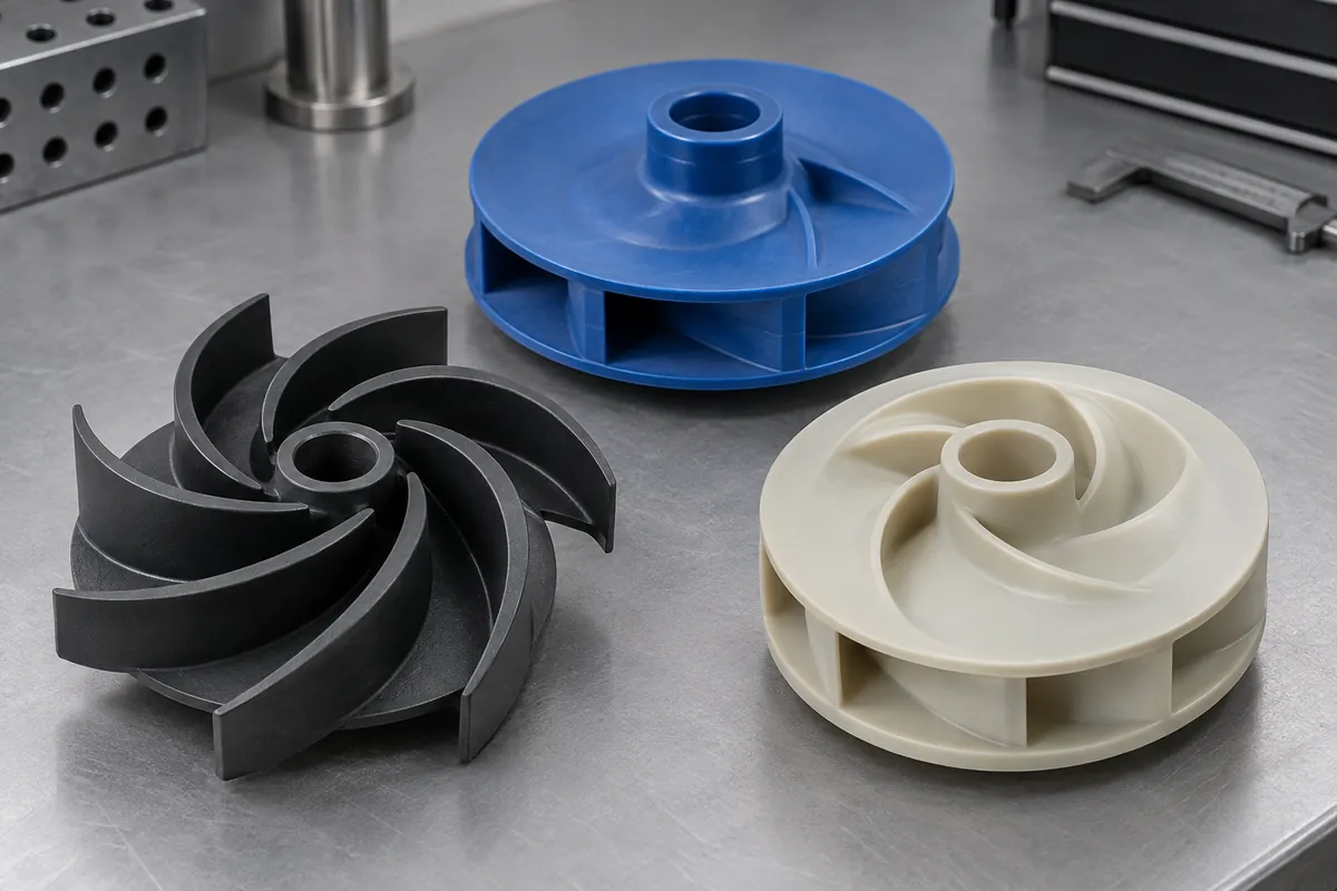Three molded polymer pump impellers, open and shrouded designs