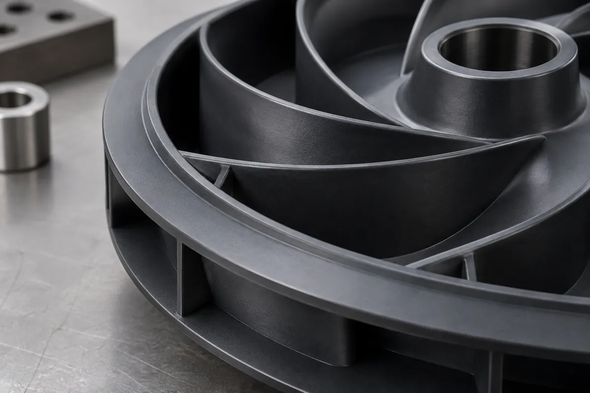 Polymer impeller outer rim and shroud edge close up
