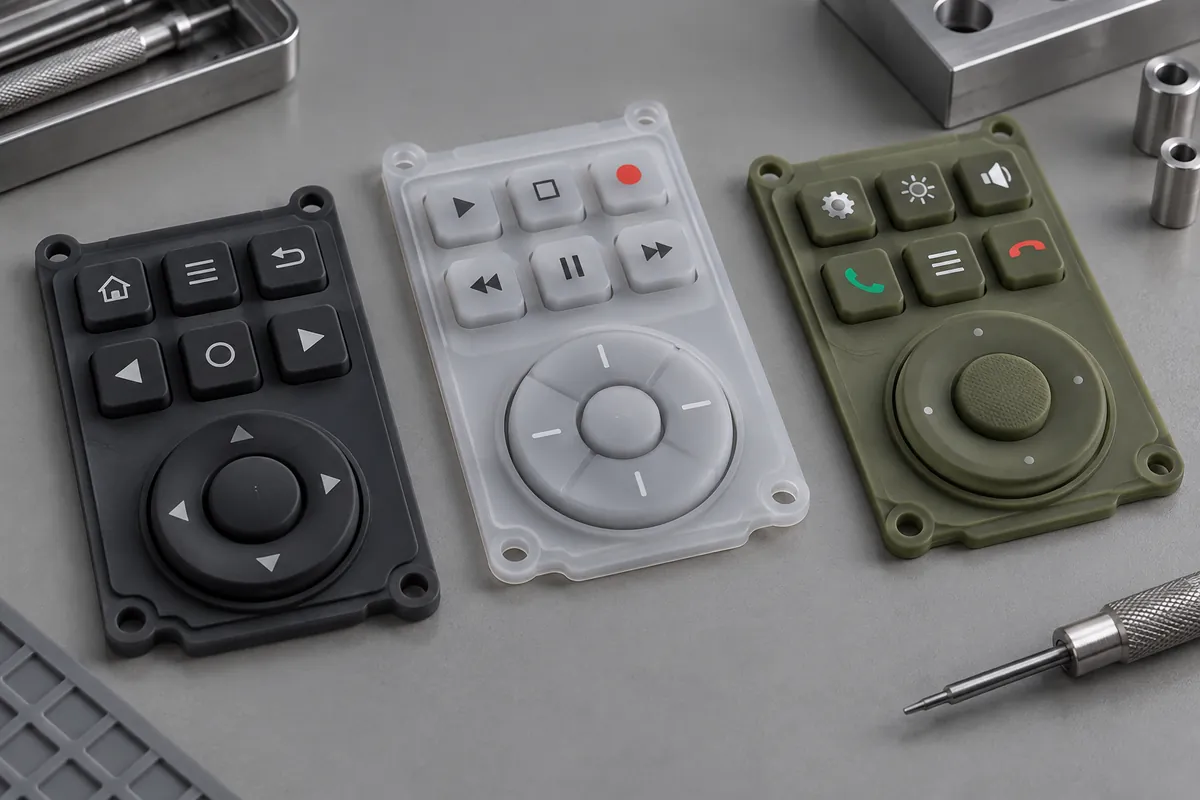 Three different custom silicone keymats, raised keys and round navigation control, neutral gray bench