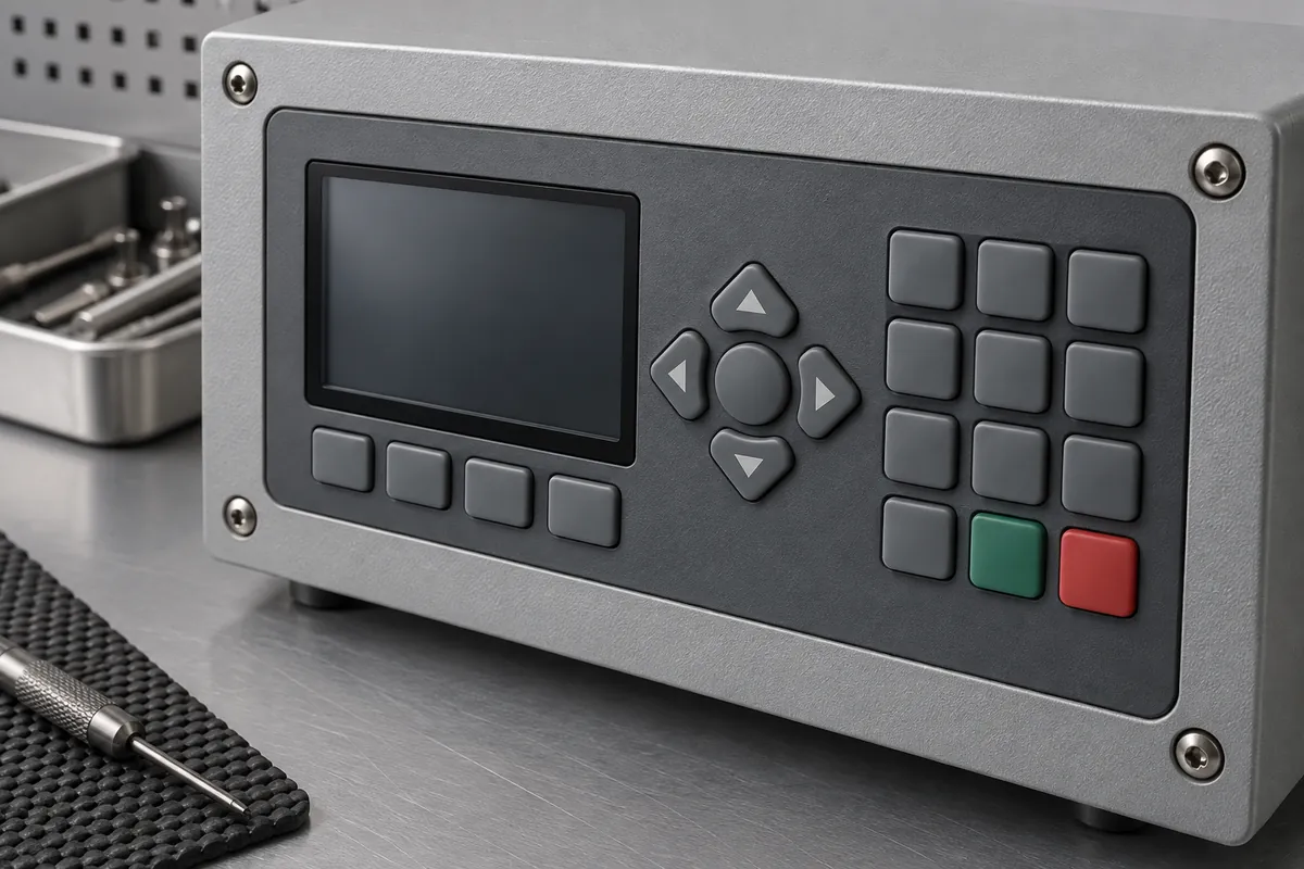 Silicone keypad mounted in anonymous instrument control panel, no lettering