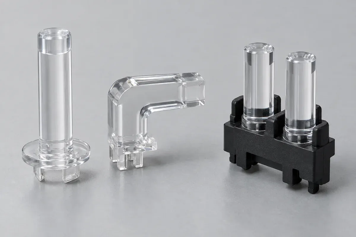Straight and right-angle clear light-pipe design examples beside a dual-channel carrier