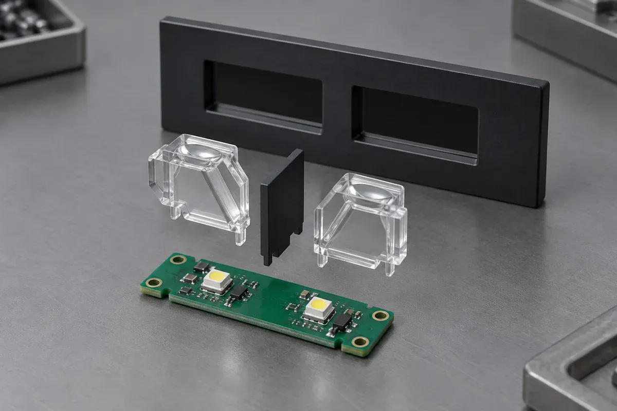 Separate clear light guides, PCB and opaque panel carrier