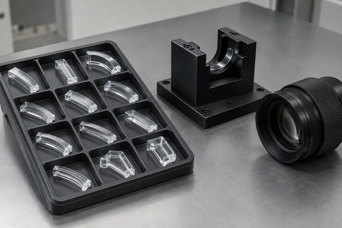 Light-pipe samples in a protective tray beside an optical inspection nest