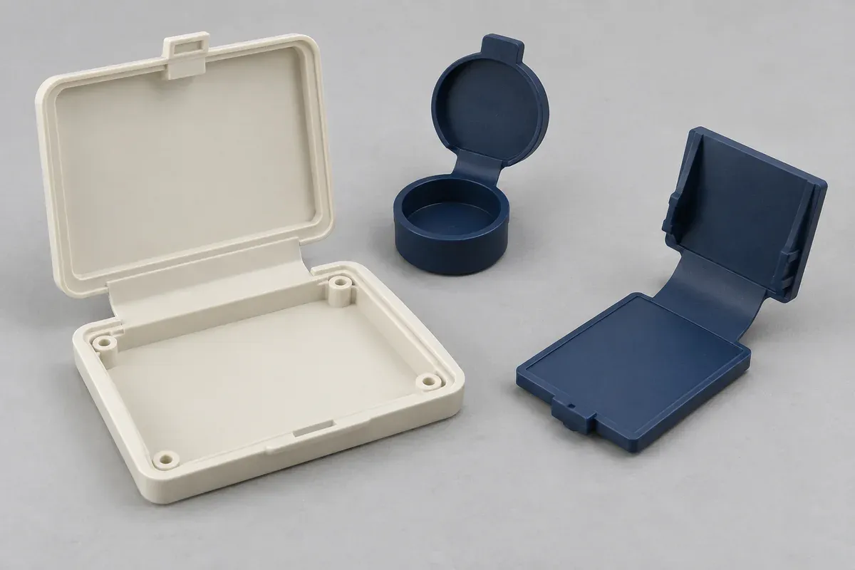 One-piece plastic cover and frame connected by an integral thin flexible web