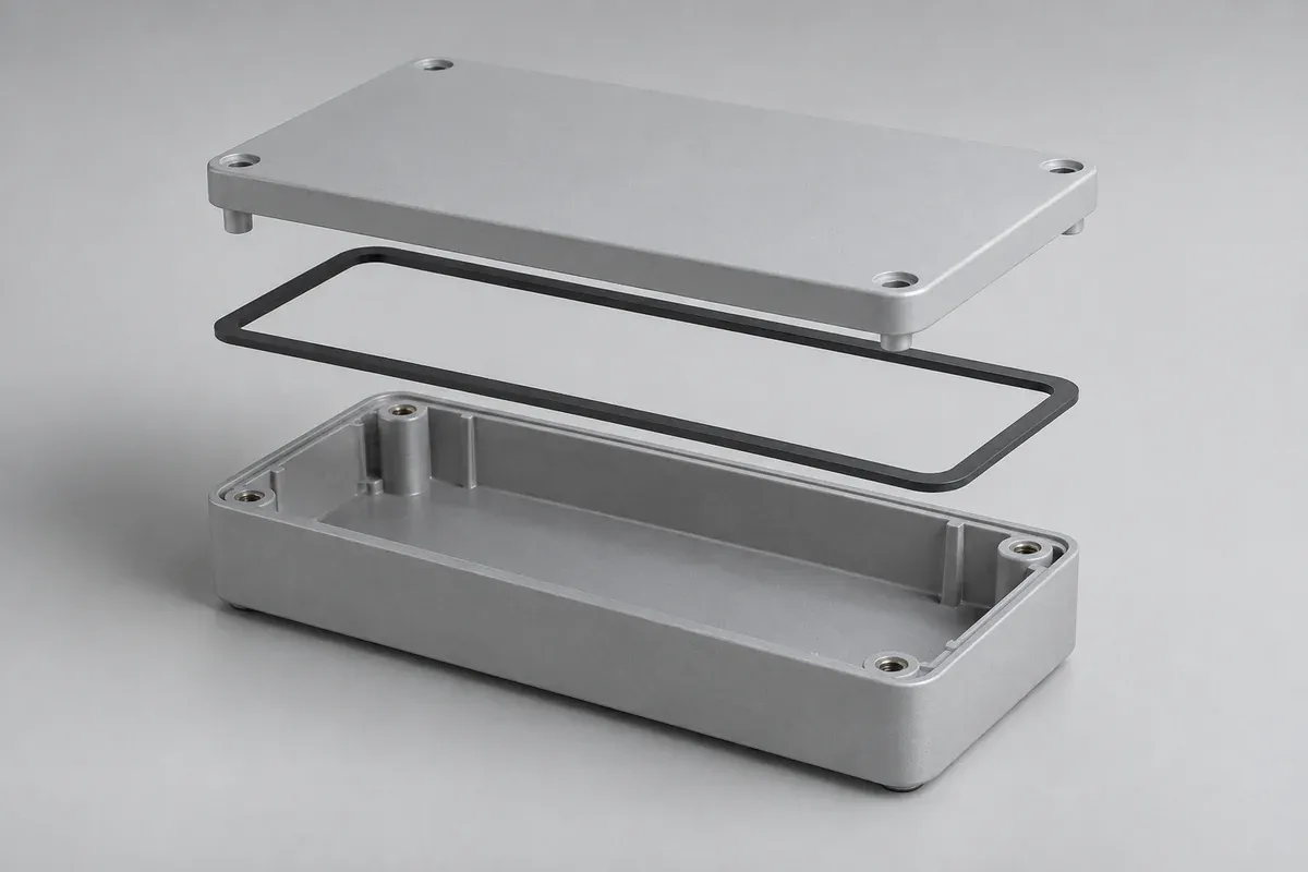 Exploded lid, silicone gasket and enclosure base