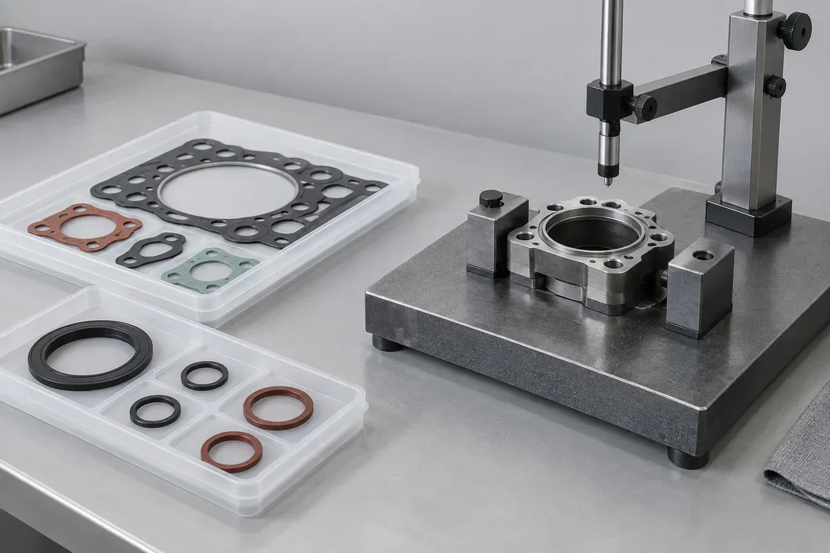Silicone seal samples in protective trays beside an inspection fixture