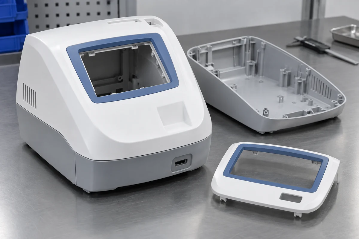 Empty molded medical-equipment upper housing, base and display bezel design examples