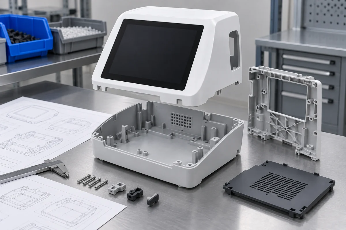Upper housing with a blank display beside a separate base, internal frame and access panel