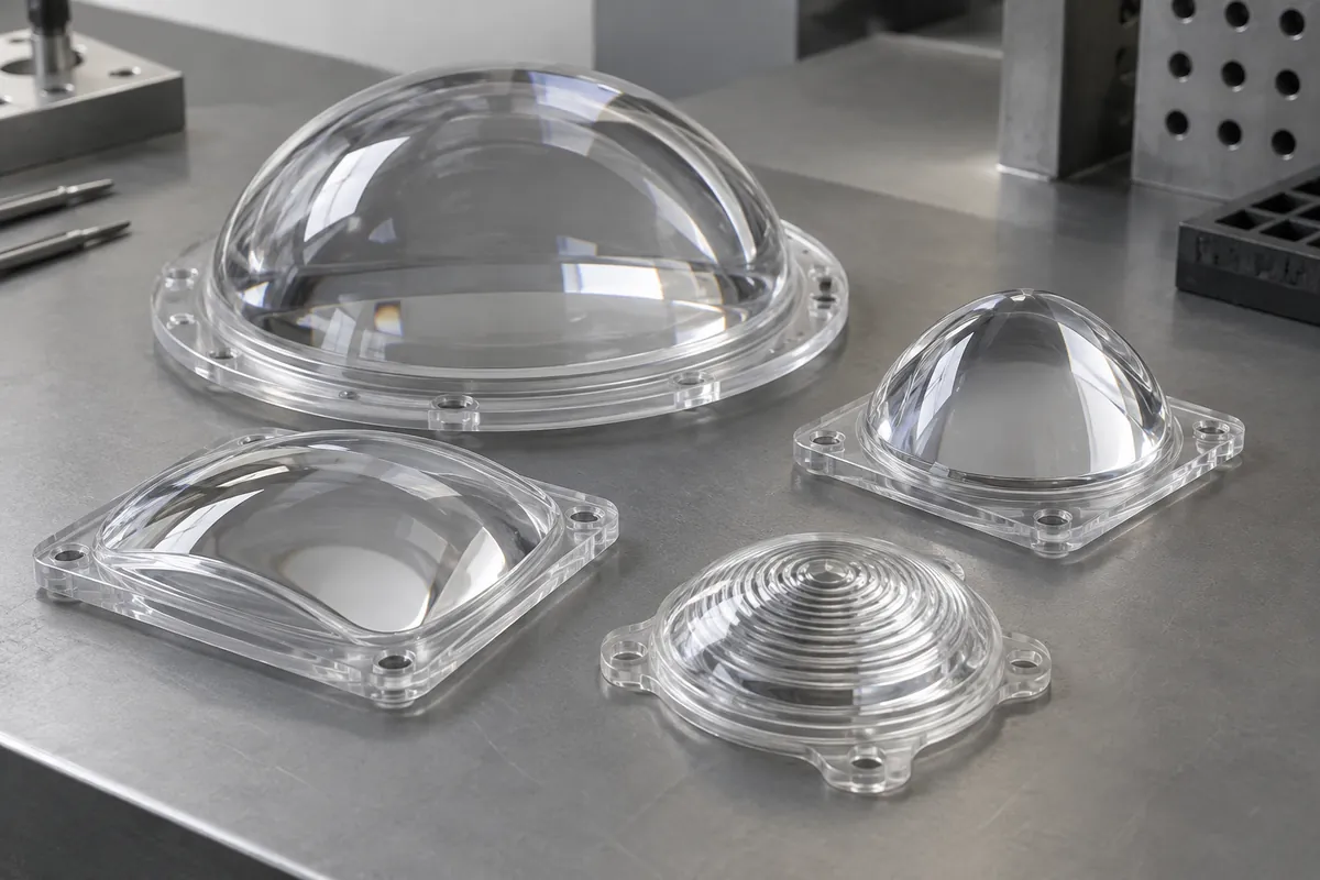Several clear molded polymer lenses with mounting flanges and different curvature