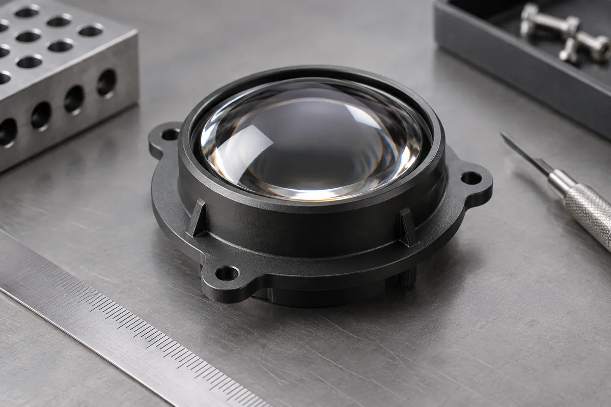 Molded lens rim with locating flange outside clear aperture
