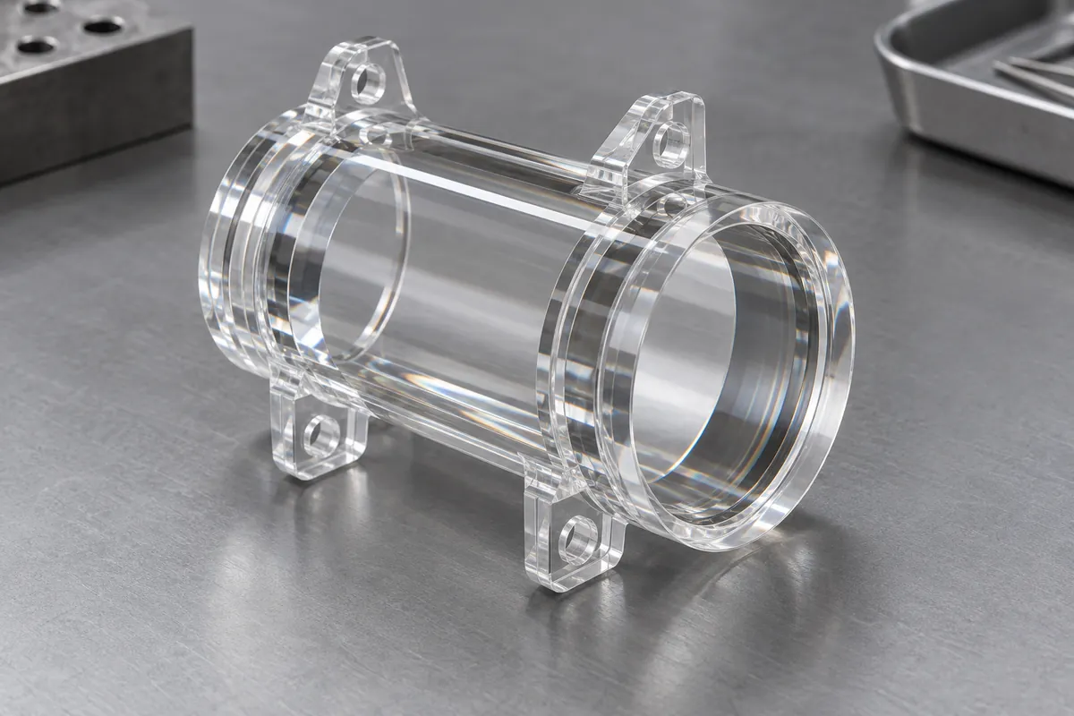 Transparent cylindrical optical component with integrated support tabs