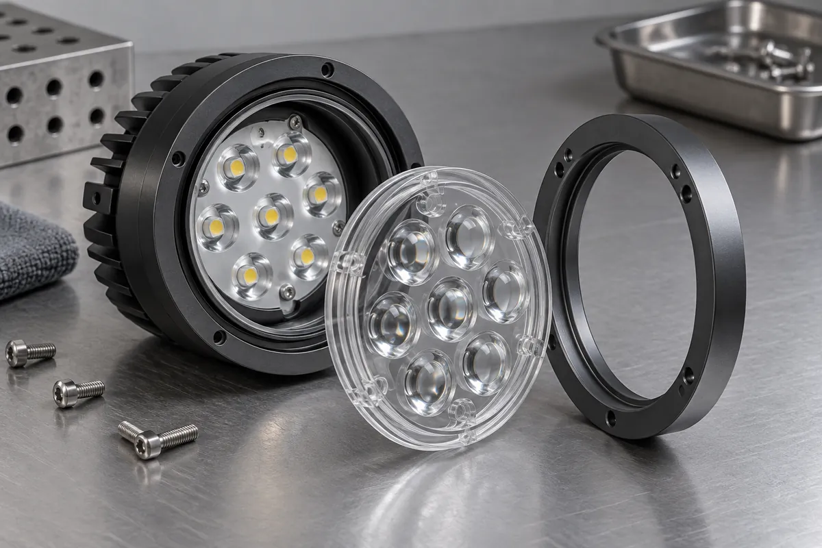 Section view clear polymer lens and separate mechanical bezel