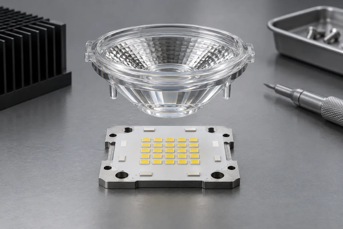 Clear lens aligned above a generic LED board without readable marks