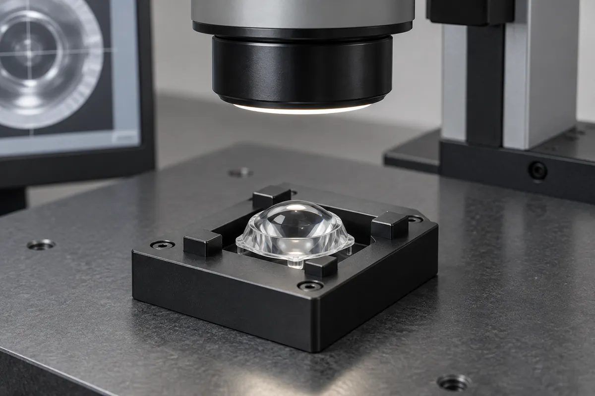 Lens in noncontact dimensional inspection nest with soft controlled light