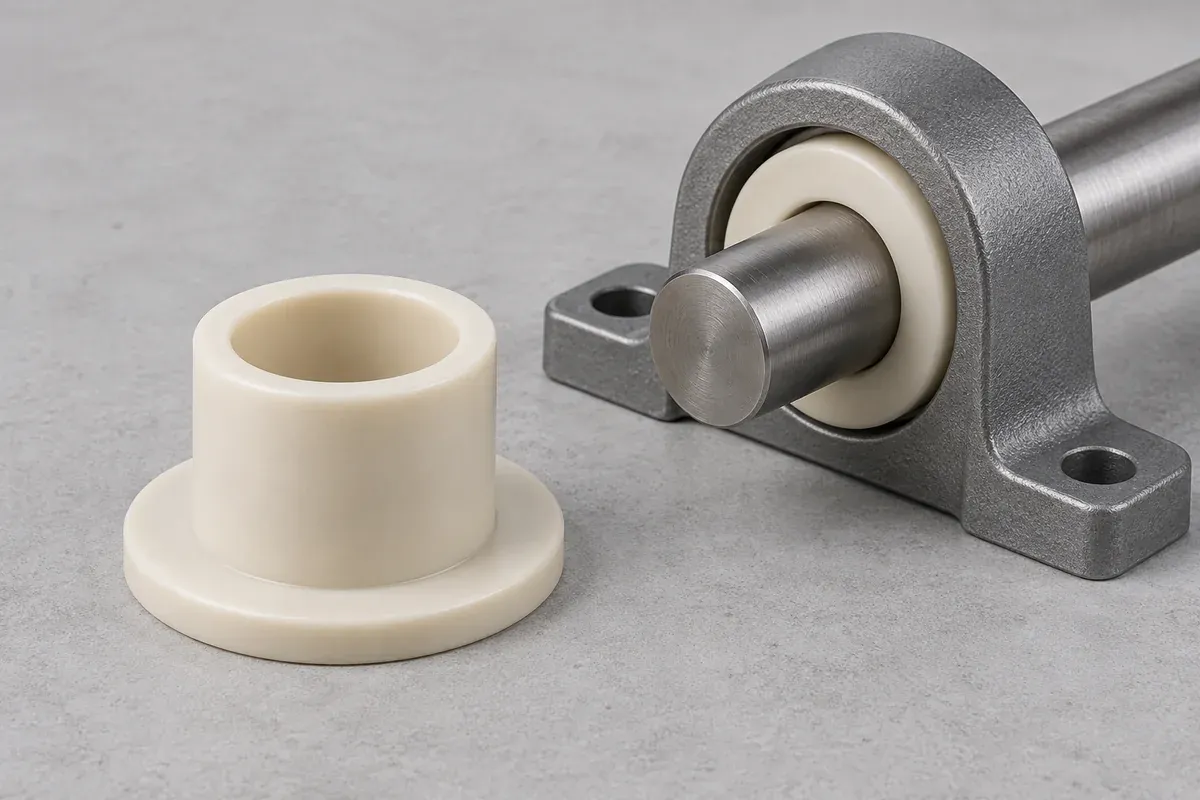 Matte plastic bushing with a locating flange and open bore