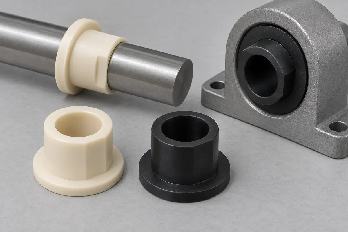 Plastic sleeve and flanged bushing concepts beside a supported shaft