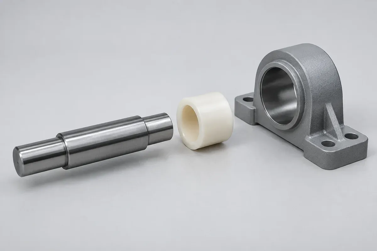 Plastic sleeve shown between a separate shaft and housing