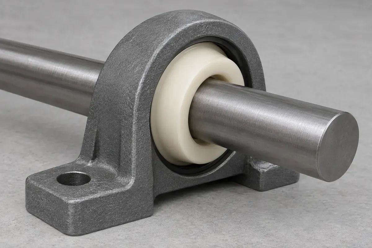 Plastic bushing around a shaft in a supporting housing