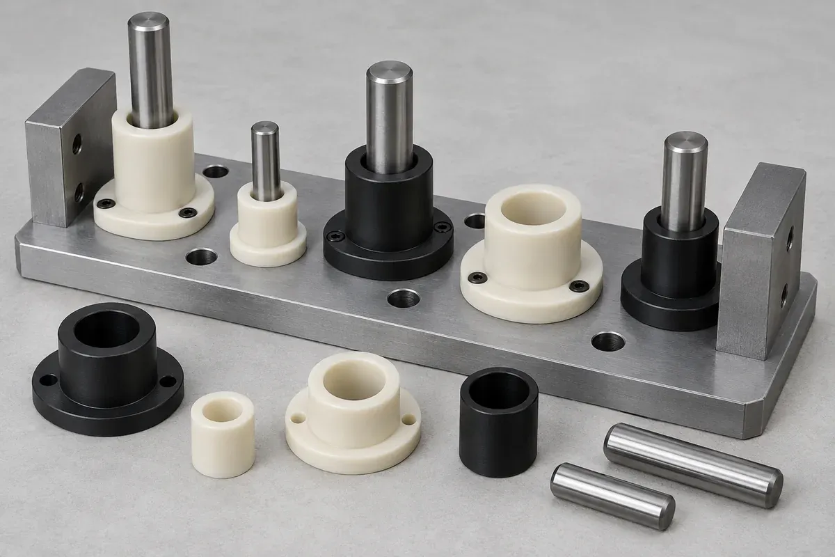 Plastic bushing samples beside an unmarked inspection fixture