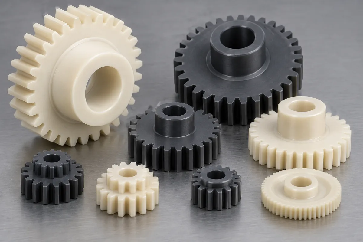 Design illustration of molded polymer gears with different hubs and bores