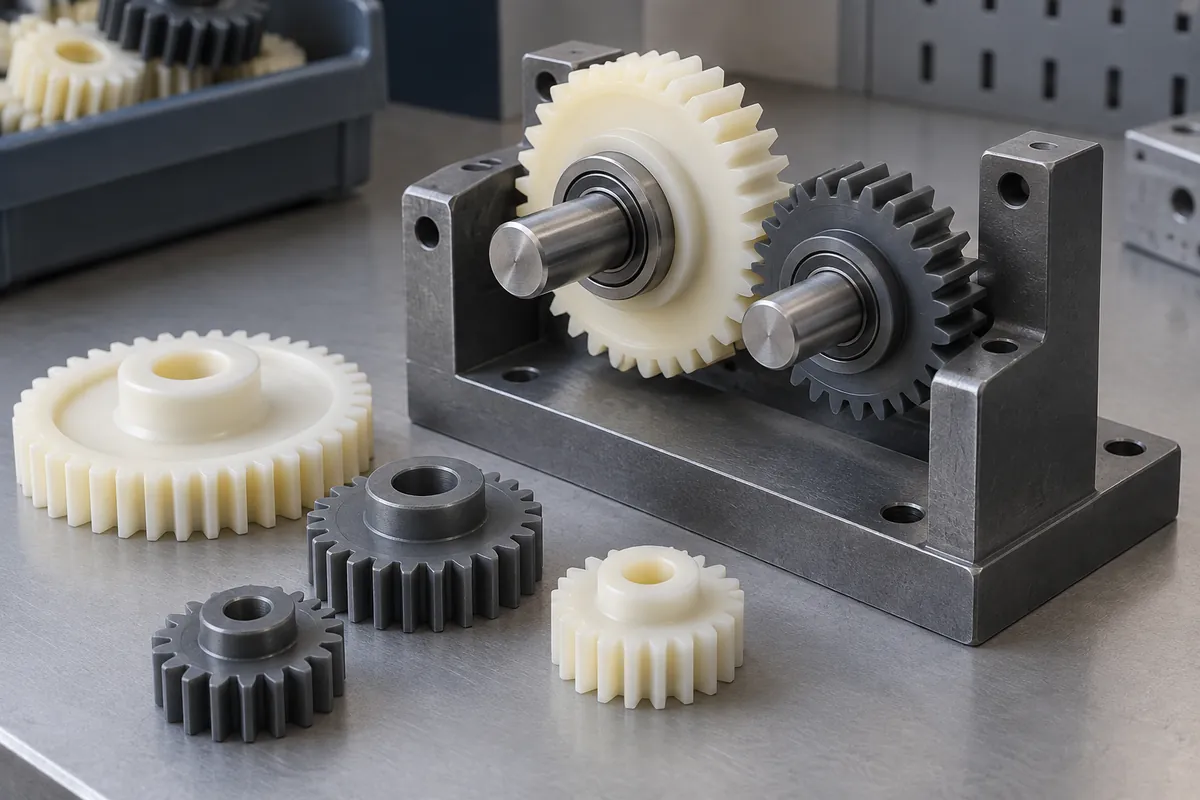 Two polymer spur gears on parallel shafts in an open fixture
