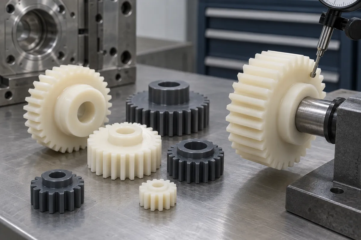 Polymer gear on an inspection mandrel beside a measuring instrument