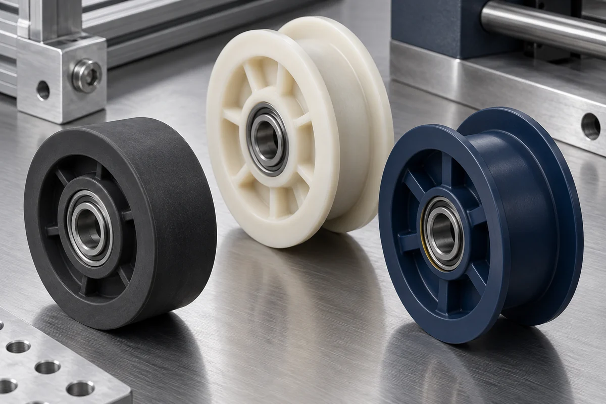 Product design examples of molded flat-tread, grooved and flanged plastic pulleys