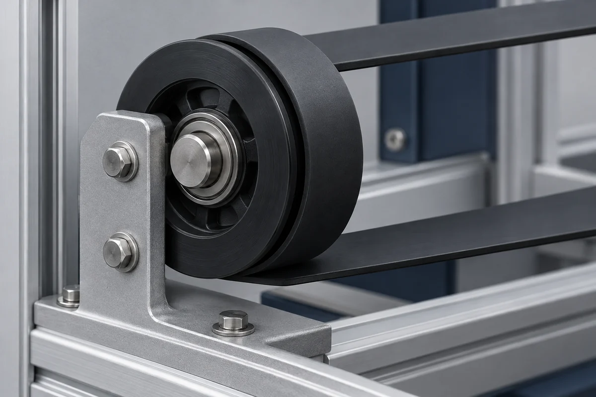 Plastic pulley and flat belt in a stationary guide-bracket assembly