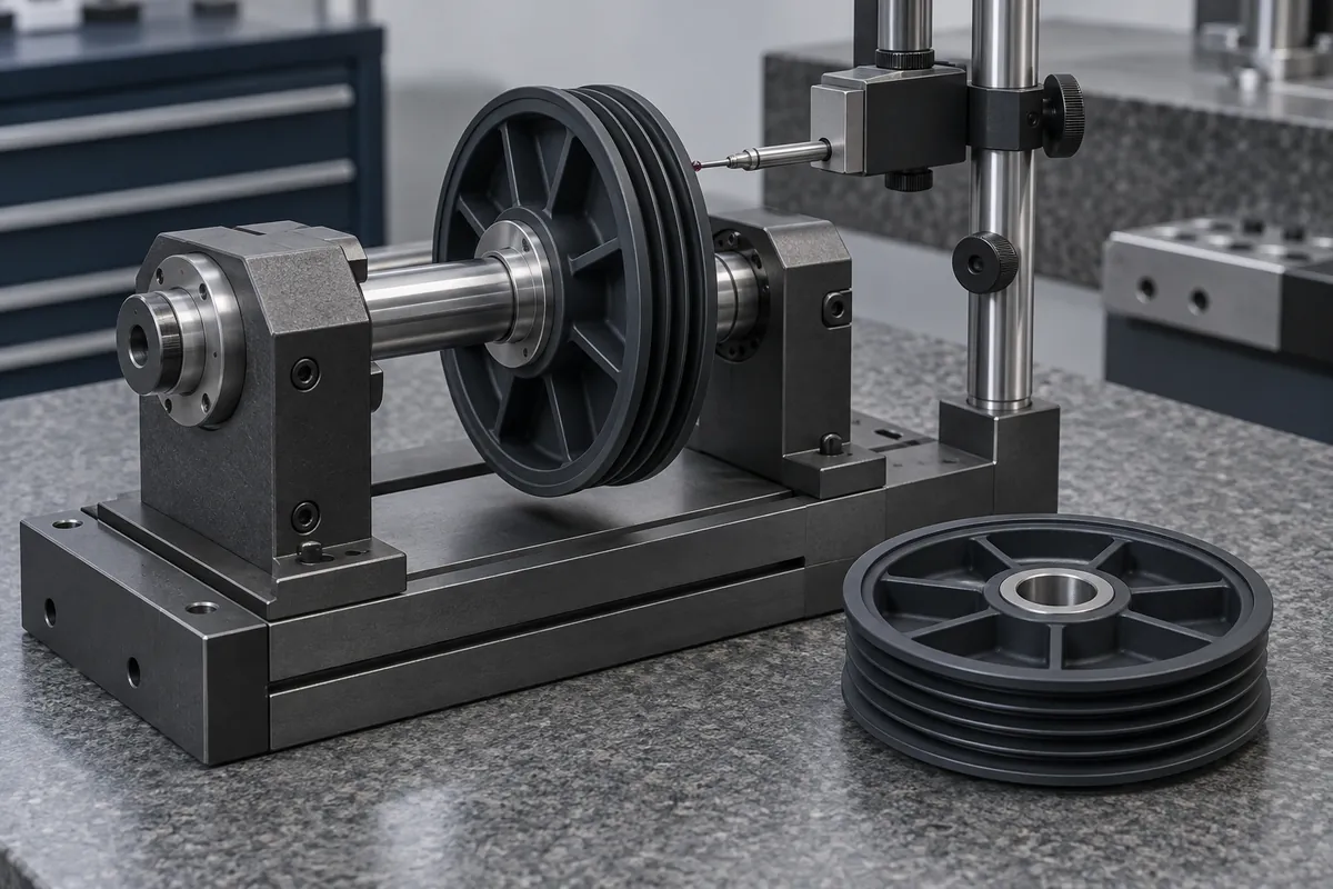 Pulley on a precision shaft fixture beside an indicator and a loose sample