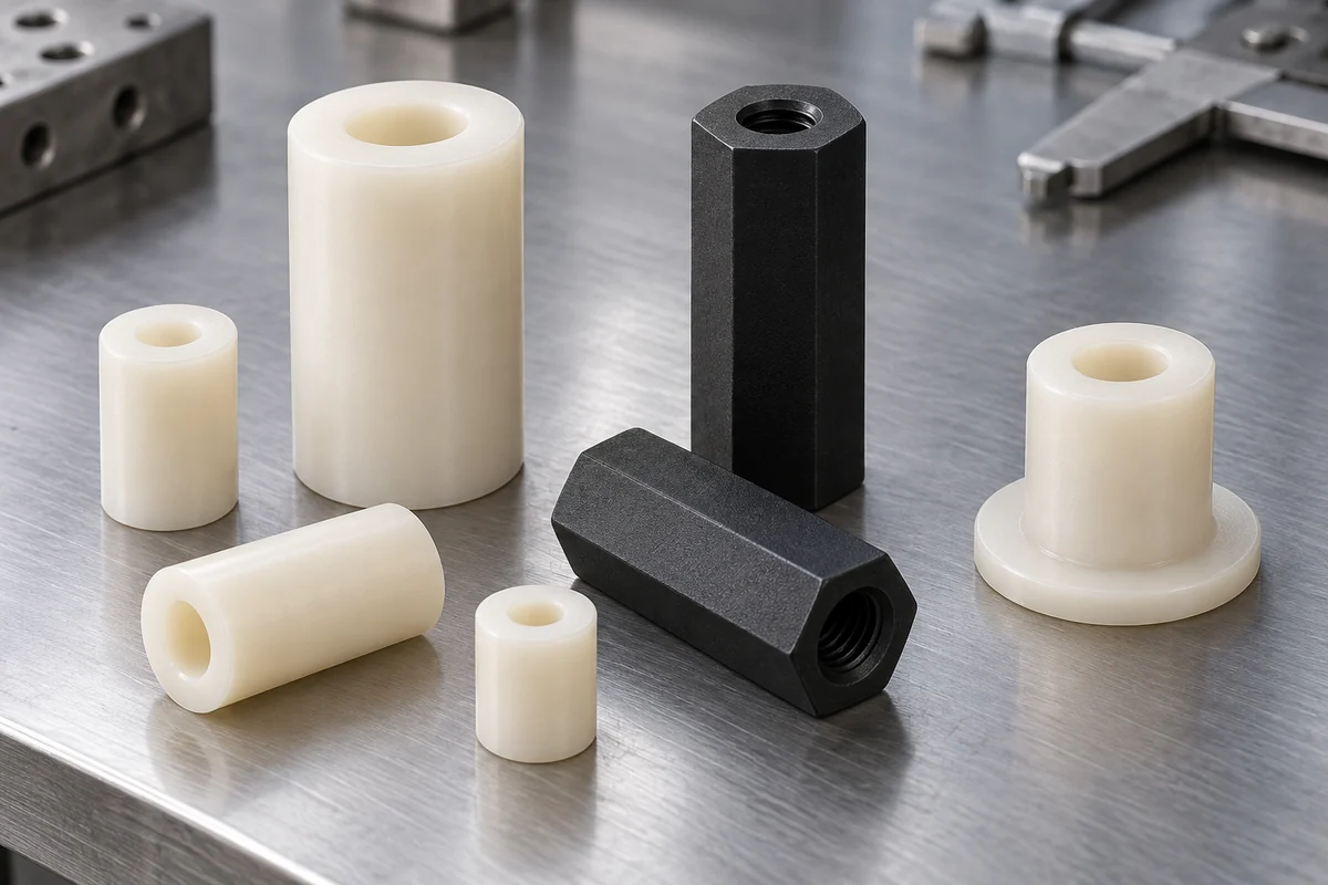Through-bore, flanged and ribbed plastic spacer and standoff design examples