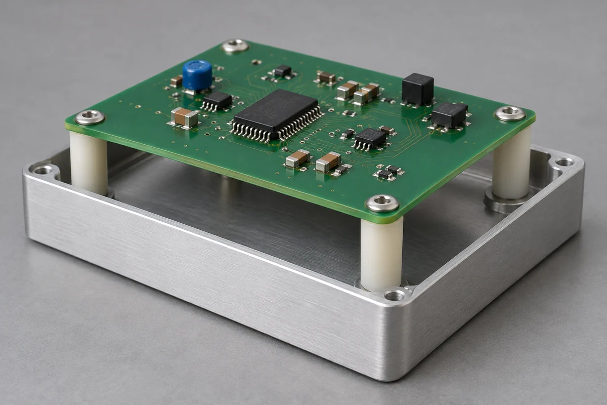 Plastic supports maintaining a gap between a circuit board and a metal mounting plate