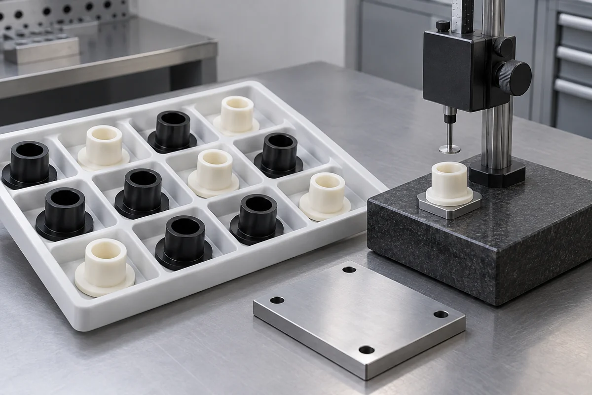 Spacer samples beside a height-inspection fixture on a surface plate