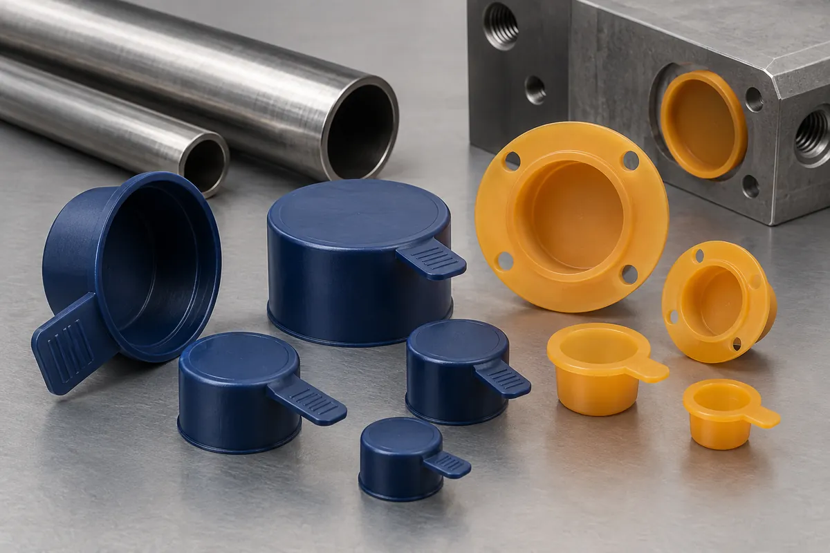 Design illustration of molded industrial protective caps and plugs