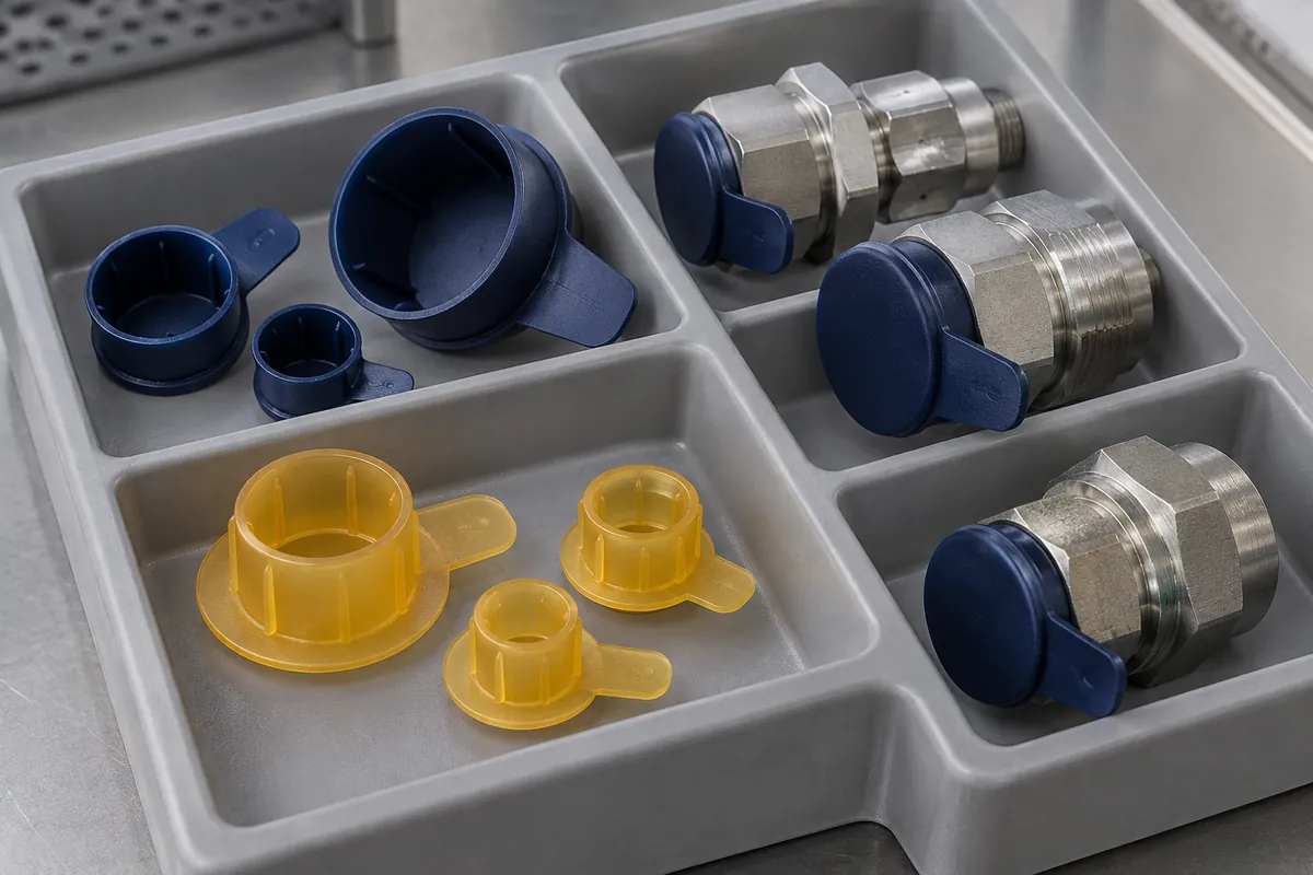 Protective caps on fittings in a transport tray