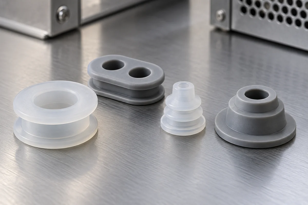 Product design examples of round, oval and boot-style silicone cable grommets
