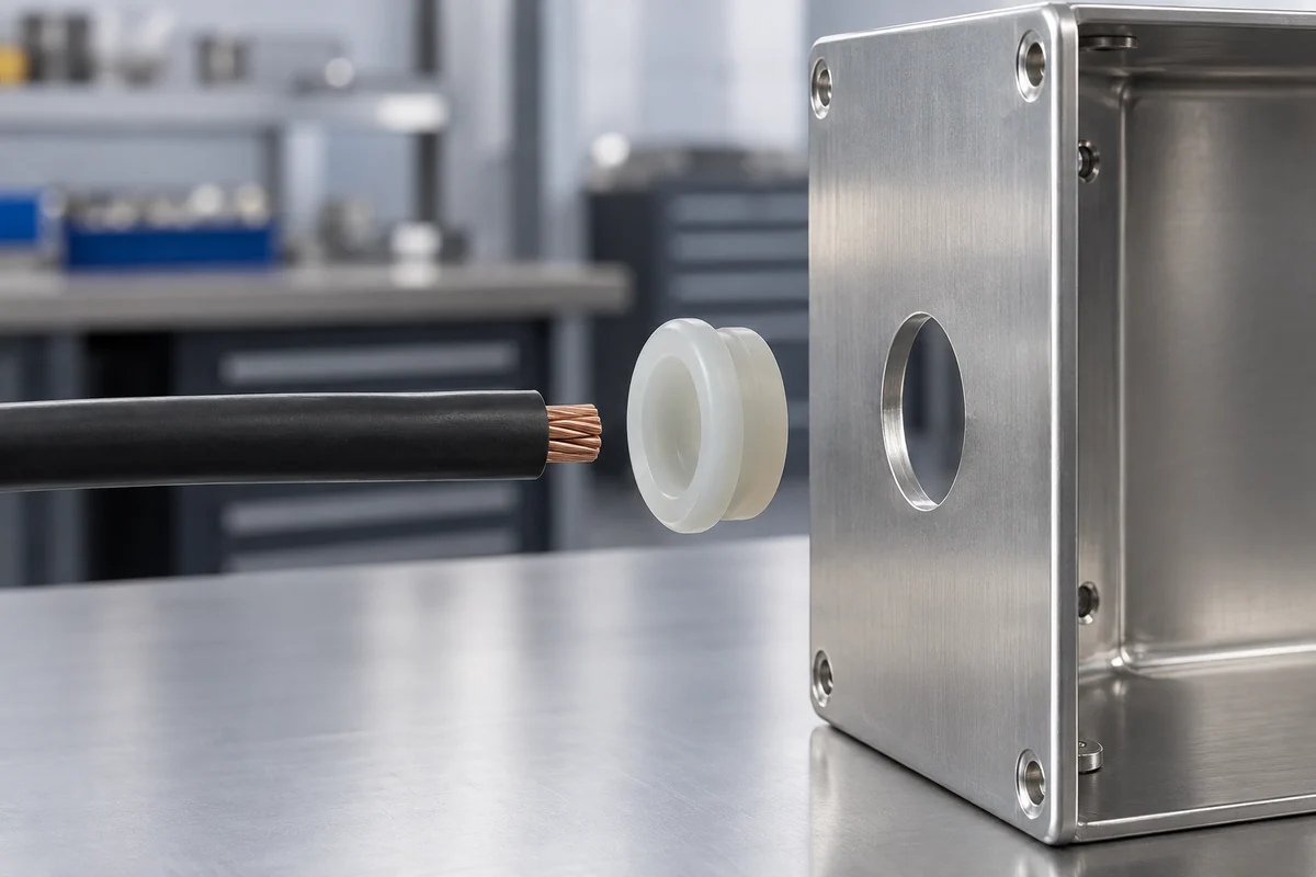 Panel, silicone grommet and cable arranged separately for interface review