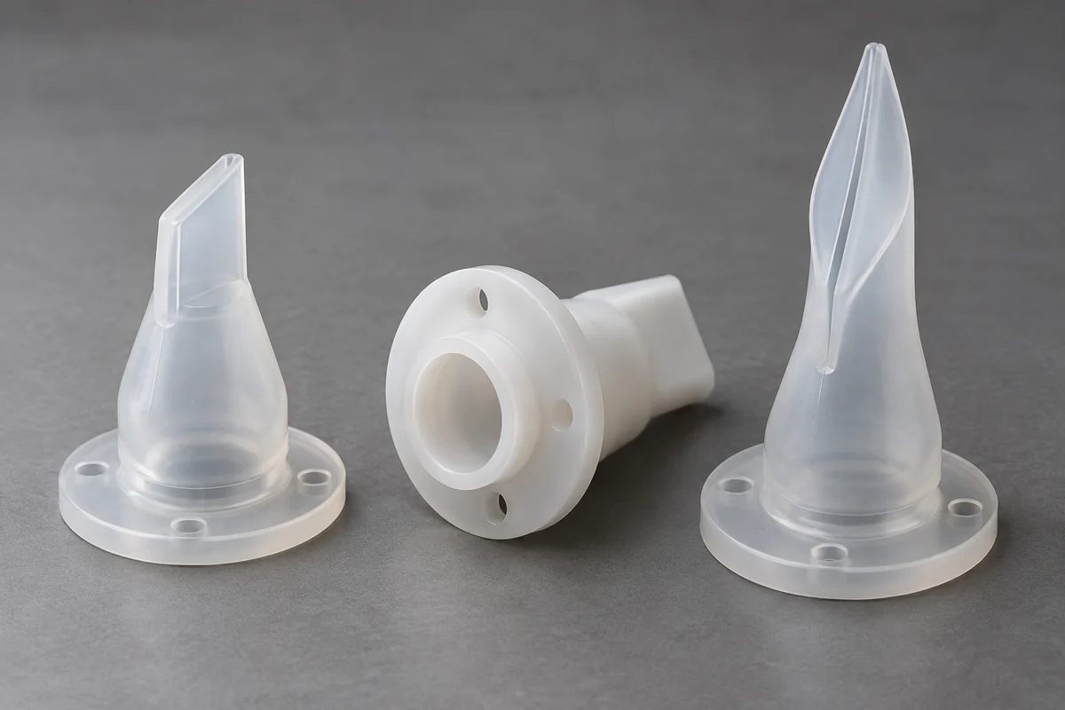 Product design examples of small translucent silicone duckbill valves with mounting flanges
