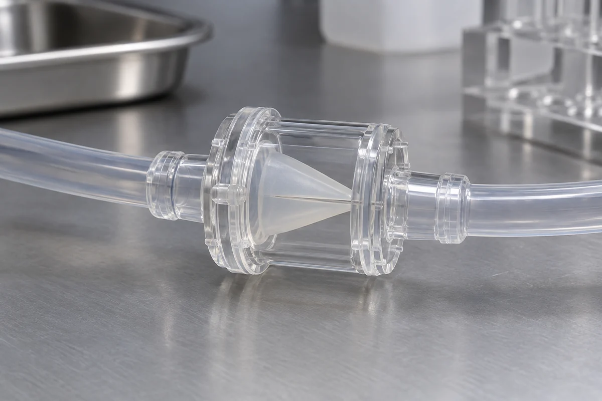 Silicone duckbill component inside a clear inline housing connected to tubing
