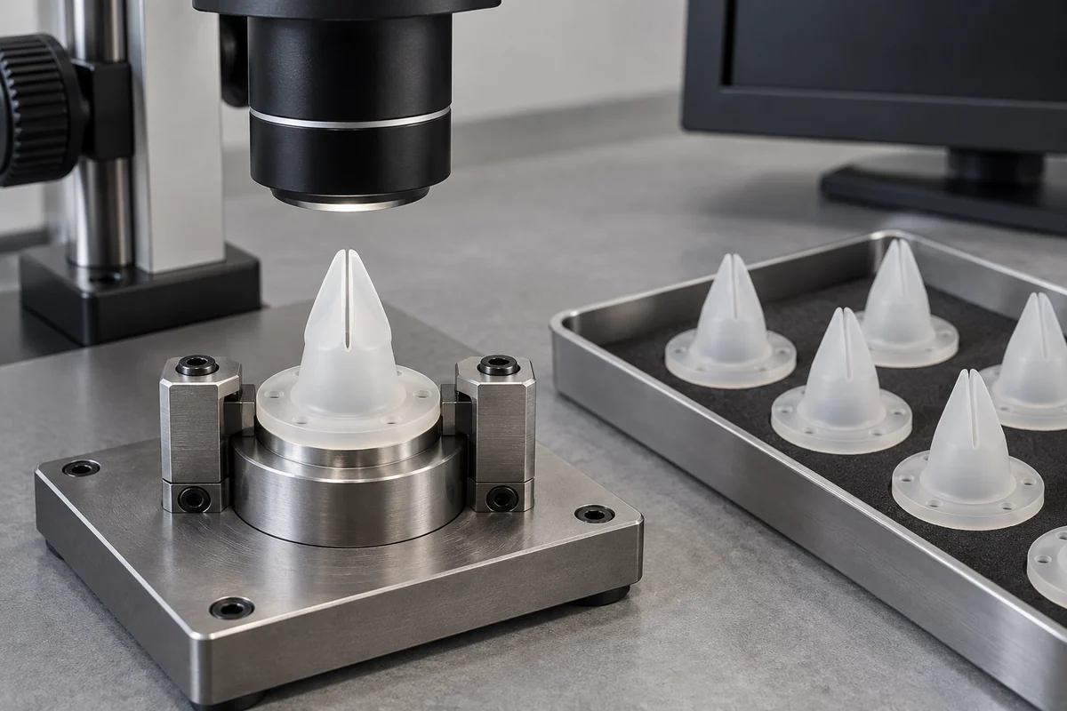 Silicone duckbill valve located beneath an optical inspection objective