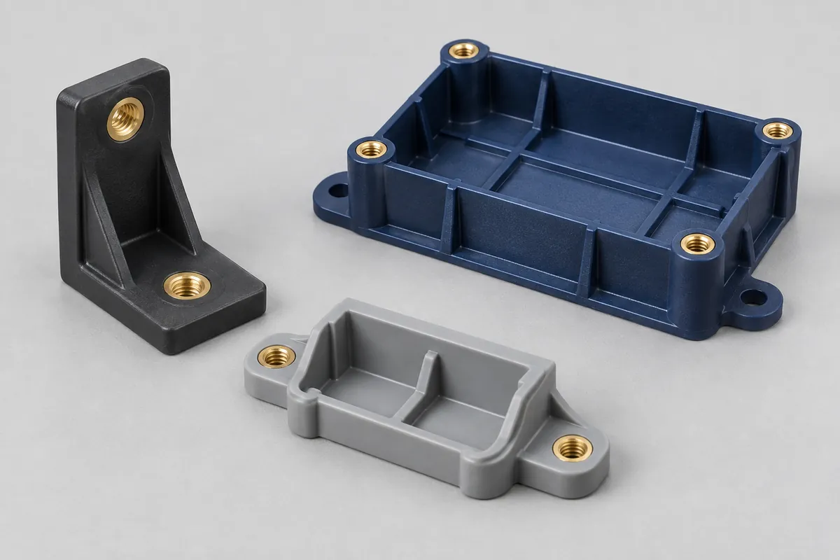 Design concepts for molded mounting brackets, an electronics support and a component carrier with threaded inserts