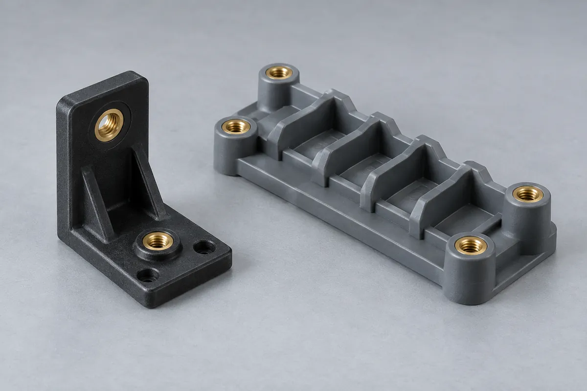 Design illustration of molded plastic brackets with threaded inserts