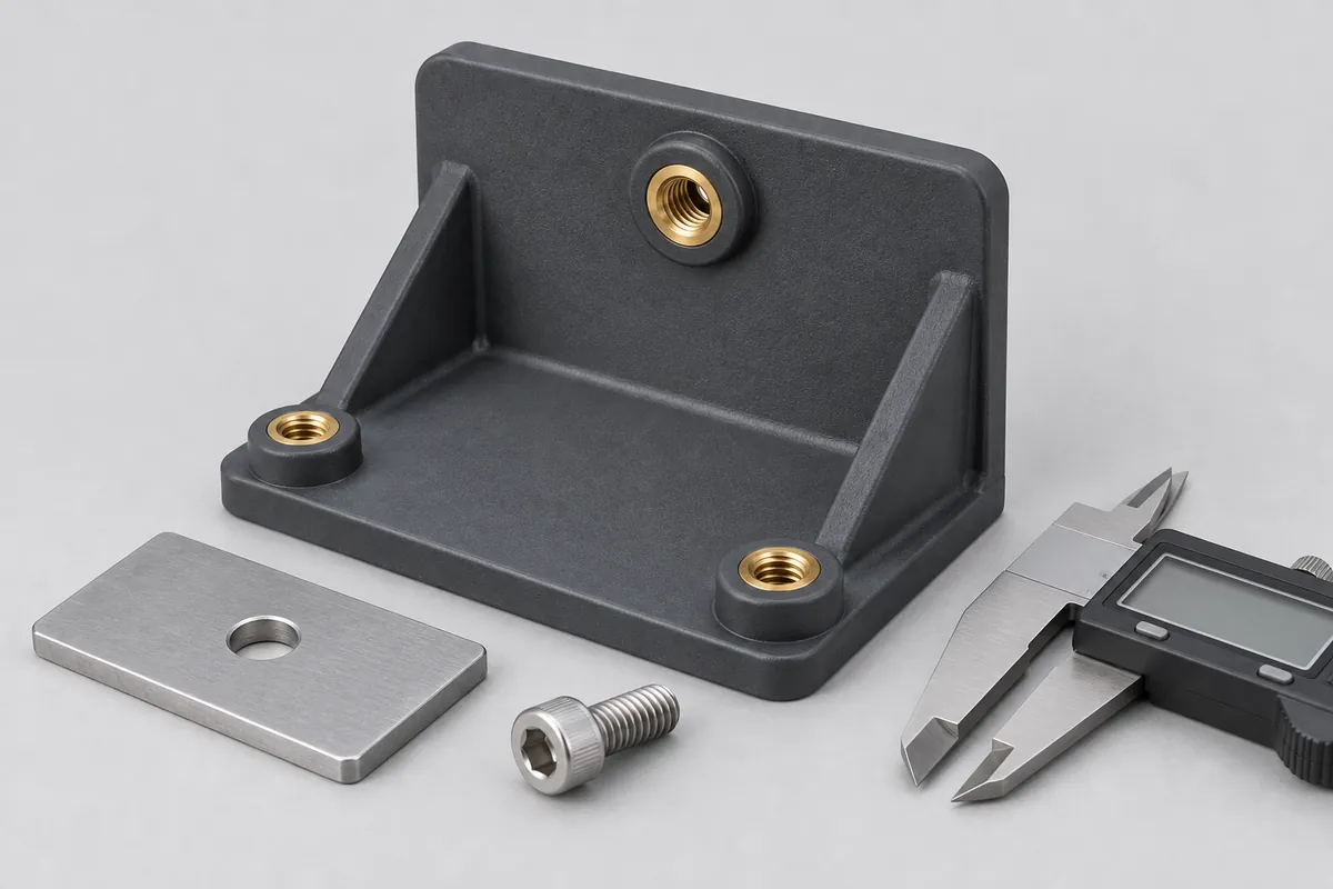 Sample-review concept with an insert-molded bracket, a separate mating plate, a screw and an idle caliper