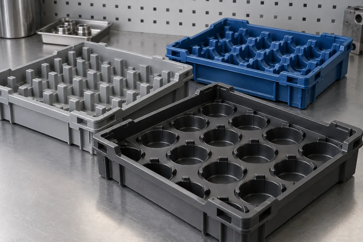 Three rigid molded component handling trays with pockets, bosses and stacking rims