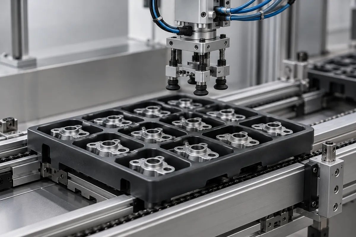 Molded component tray mounted on conveyor rail with mechanical pick head above